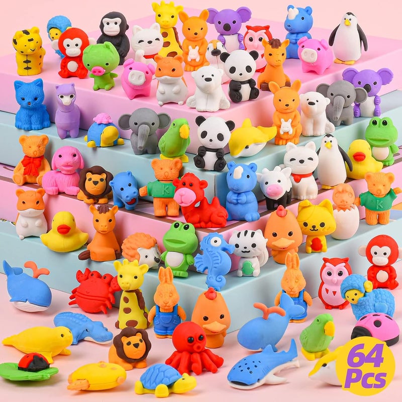 Kaemi 64Pcs Animal Erasers - Kids Desk Pets Bulk 3D Puzzle Erasers Take Apart Toys for Party Favors & Treasure Box Games - Image 1